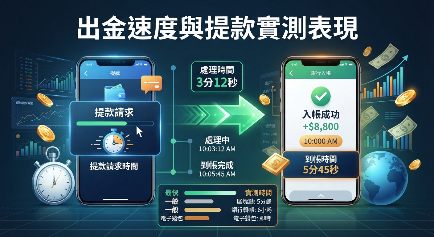 圖片展示了手機上的出金與提款測試畫面，並在頂部標示了「出金速度與提款實測表現」的標題。 畫面中結合了計時器與統計圖表，凸顯處理時間與入帳成功的實測結果。